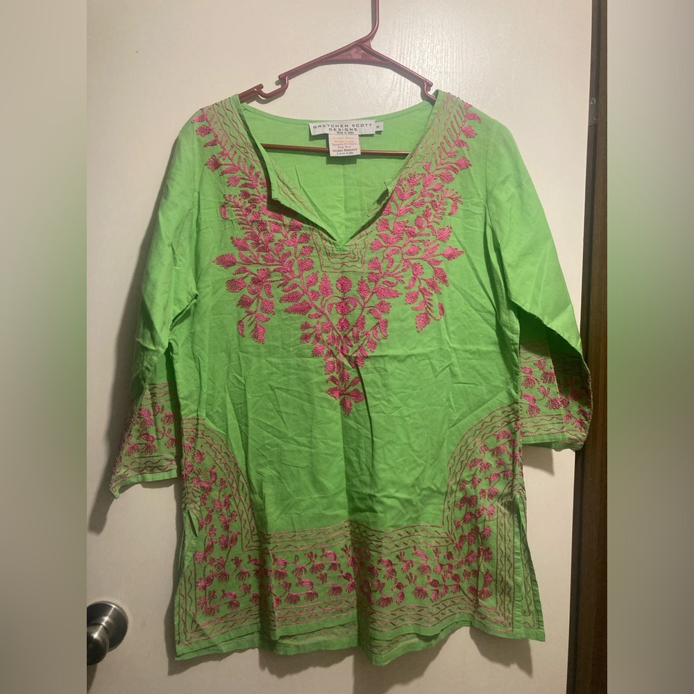 Gretchen Scott designs Green and Pink Embroidered Women's Top